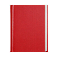 Red hardcover book, closed, featuring a plain, solid red cover and white pages
