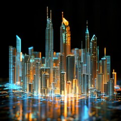 A futuristic cityscape with glowing buildings and reflective surfaces against a dark background