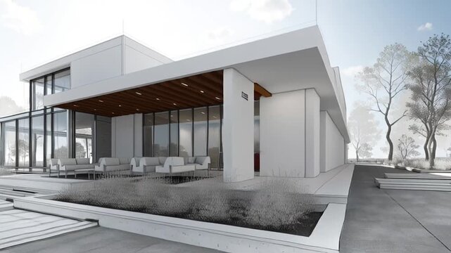 Hand-drawn architectural blueprint real modern home, seamless animation, pencil sketch 3D model final realistic construction, light fluid CAD modern materials, glass facade, minimalist landscaping