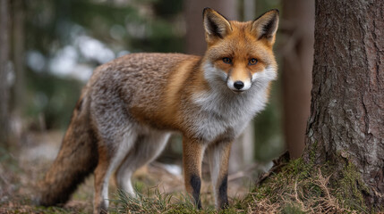 Fototapeta premium A red fox standing near a tree trunk in a forest environment with blurred background and green grass