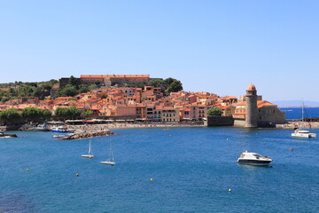 Beautiful bay view of Collioure, France on a sunny summer day