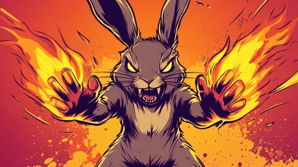 Fierce rabbit with flaming hands.