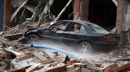 Fototapeta premium Damaged Car and Pipe in Rubble After Tsunami Earthquake