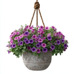Hanging flower basket with pink and purple petunias on white background hanging basket pink flowers
