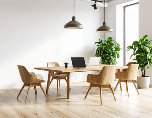 Coworking space with laptops on desks, no people around