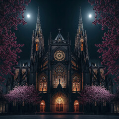 Gothic Cathedral with Twin Spires and Pink Blooming Trees Under Two Full Moons at Night