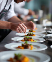 chef carefully plating gourmet dishes in a kitchen
