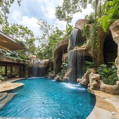 A luxurious swimming pool with waterfalls surrounded by lush greenery and rock formations on a sunny day