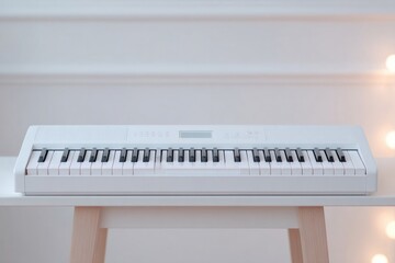 Sleek white piano keyboard on minimalistic stand, bright and mod