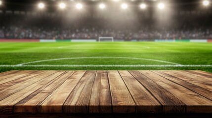 Wooden table against blurred stadium background.