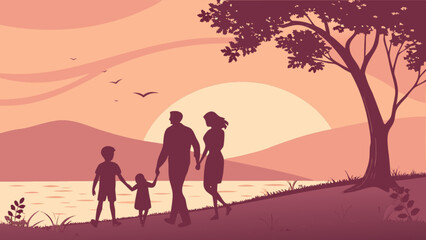 Silhouette of a family walking by a lake at sunset with mountains and trees in the background, creating a peaceful and serene landscape