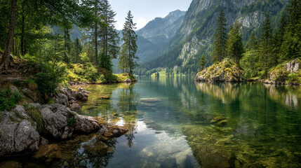A serene lake surrounded by lush green trees and majestic mountains under a clear blue sky view scene