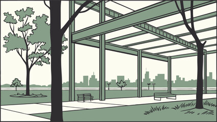 Obraz premium A tranquil urban park scene featuring a steel frame structure, trees, and a cityscape in the background, creating a serene and modern outdoor environment