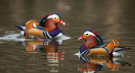 Stunning mandarin ducks gracefully swimming on calm water reflecting vibrant colors in soft light