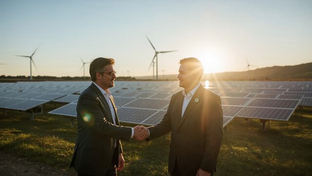 Businessmen shaking hands at solar panel farm with wind turbines at sunset