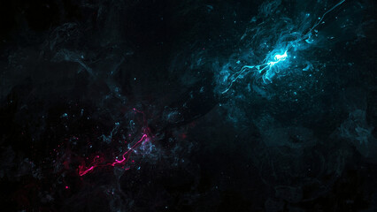 Fototapeta premium Highly Detailed Photorealistic Abstract Background with Glowing Teal and Magenta Energy Trails in Dark Cosmic Space
