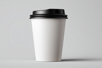 White paper coffee cup with black lid on a light gray background paper cup disposable cup