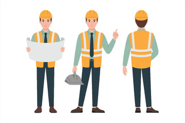 Civil engineer wearing hard hat holding construction project drawing. Character constructor for animation. Front, side and back view set. Body parts, postures, poses collection. Vector illustration.