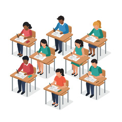 Isometric illustration of students sitting at desks in a classroom, taking a test or writing.
