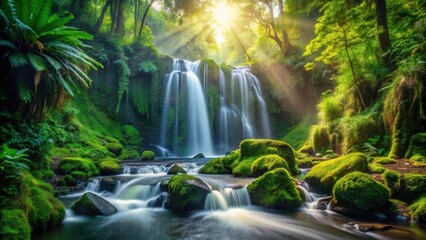 Serene Waterfall Cascading Through Lush, Moss-Covered Rocks Bathed in Sunlight's Golden Rays