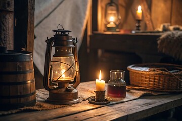 Antique lantern and candle illuminating rustic interior warm glow wooden barrel