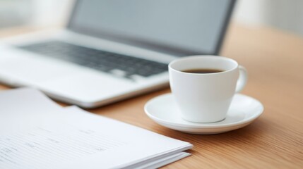 Warm coffee cup near laptop on wooden desk, creating cozy worksp