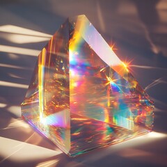 A prism refracting light creating a rainbow effect with light and shadow on a white surface