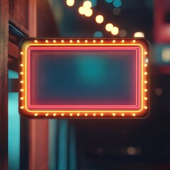 Illuminated rectangular sign with neon lights and a dark background in a blurred setting