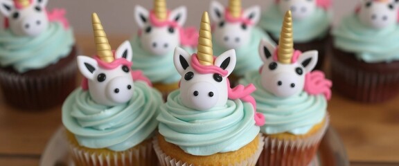 Zauberhafte Cupcakes mit liebevoll modellierten Einhörnern aus Fondant – mit goldenen Hörnern, pinker Mähne und hellblauem Topping. Perfekt für Kindergeburtstage.