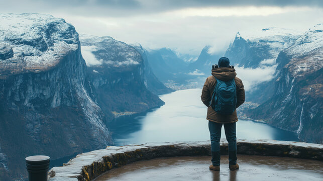 a tourist standing at a viewpoint with binoculars looking at a fjord landscape