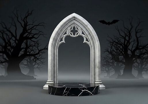 Gothic archway and pedestal in a misty forest with a bat