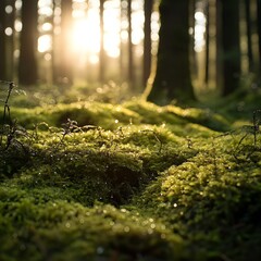 Mossy forest floor with sunlight filtering through trees creating a bokeh effect background scene