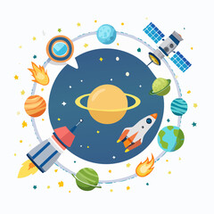 Whimsical Solar System Adventure: A Cartoon Depiction of Planets and Spacecrafts
