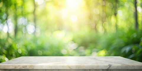 Fototapeta premium Serene Stone Surface Against a Blurred Natural Backdrop of Lush Greenery and Sunlight