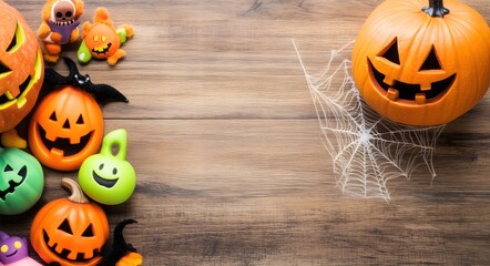 Halloween pumpkins, spider web and spooky toys creating a frame on wooden background