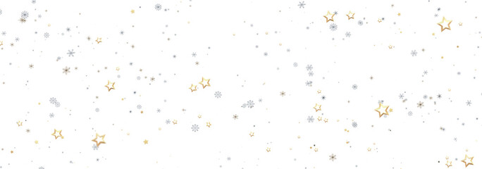 Festive winter background with gold stars and silver snowflakes. Perfect for holidays.