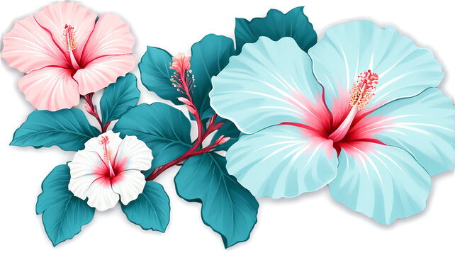 Light blue and pink hibiscus flowers silhouette isolated on transparent background