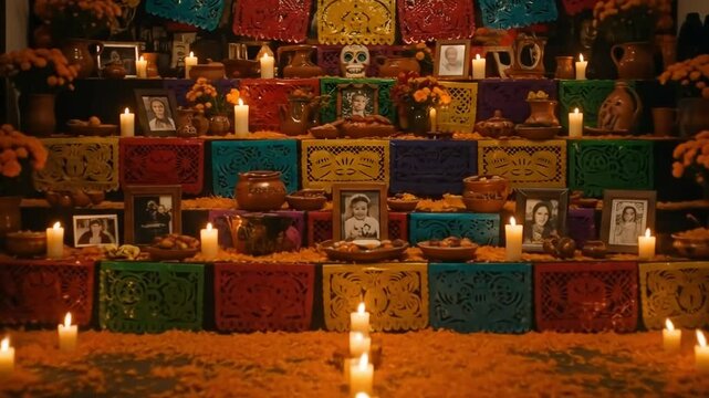 Vibrant Day of the Dead altar glows with candles and marigolds, honoring ancestors with traditional offerings and cherished photographs.