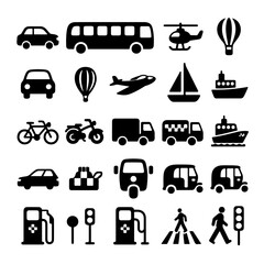 Transportation icons set vector with car truck bus train taxi airplane and other travel symbols