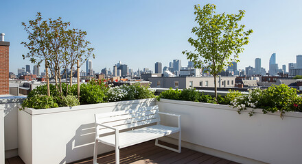 Relaxing modern rooftop garden with stunning city views and white bench seating for peaceful urban escape