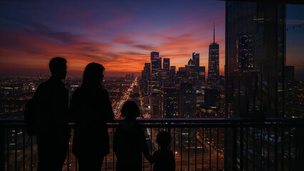 A family silhouette at dusk watching city lights.