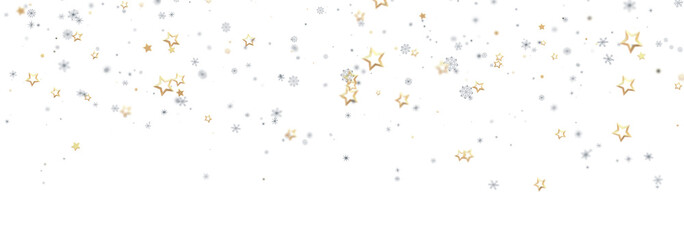 Festive winter background with gold and silver stars and snowflakes. Perfect for holidays.