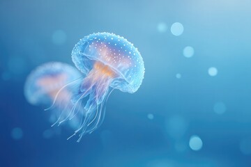 Translucent jellyfish gracefully floating in serene blue water,