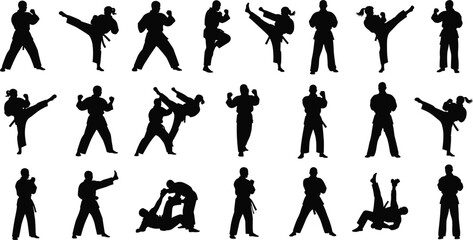 Martial arts silhouette collection, men and women training, fighting poses, karate, taekwondo, jiu-jitsu, kickboxing, black isolated vector figures