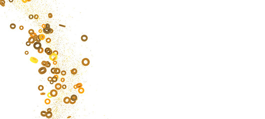 Elegant gold ring confetti on white. Perfect for holidays, celebrations, and festive designs.