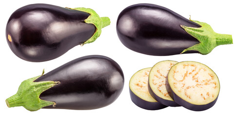 Set of eggplants and eggplant slices isolated on white background.  Cut out PNG file.