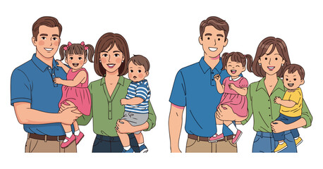 Happy Young Family of Four Illustration Set