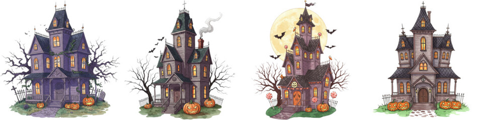 Set of isolated haunted houses for Halloween decoration  