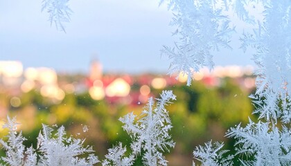 Intricate Frost Crystals Framing a Warm, Blurry Cityscape View