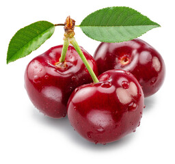 Sweet cherries with green leaves covered with water drops isolated on white background. Cut out PNG file.
